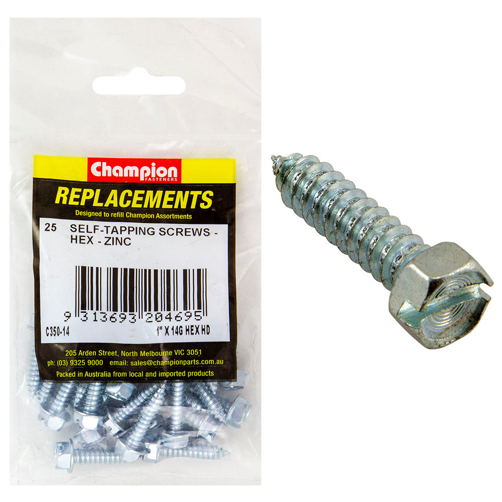 Champion 14G X 1In S/Tapping Screw Hex Head Phillips -25Pk