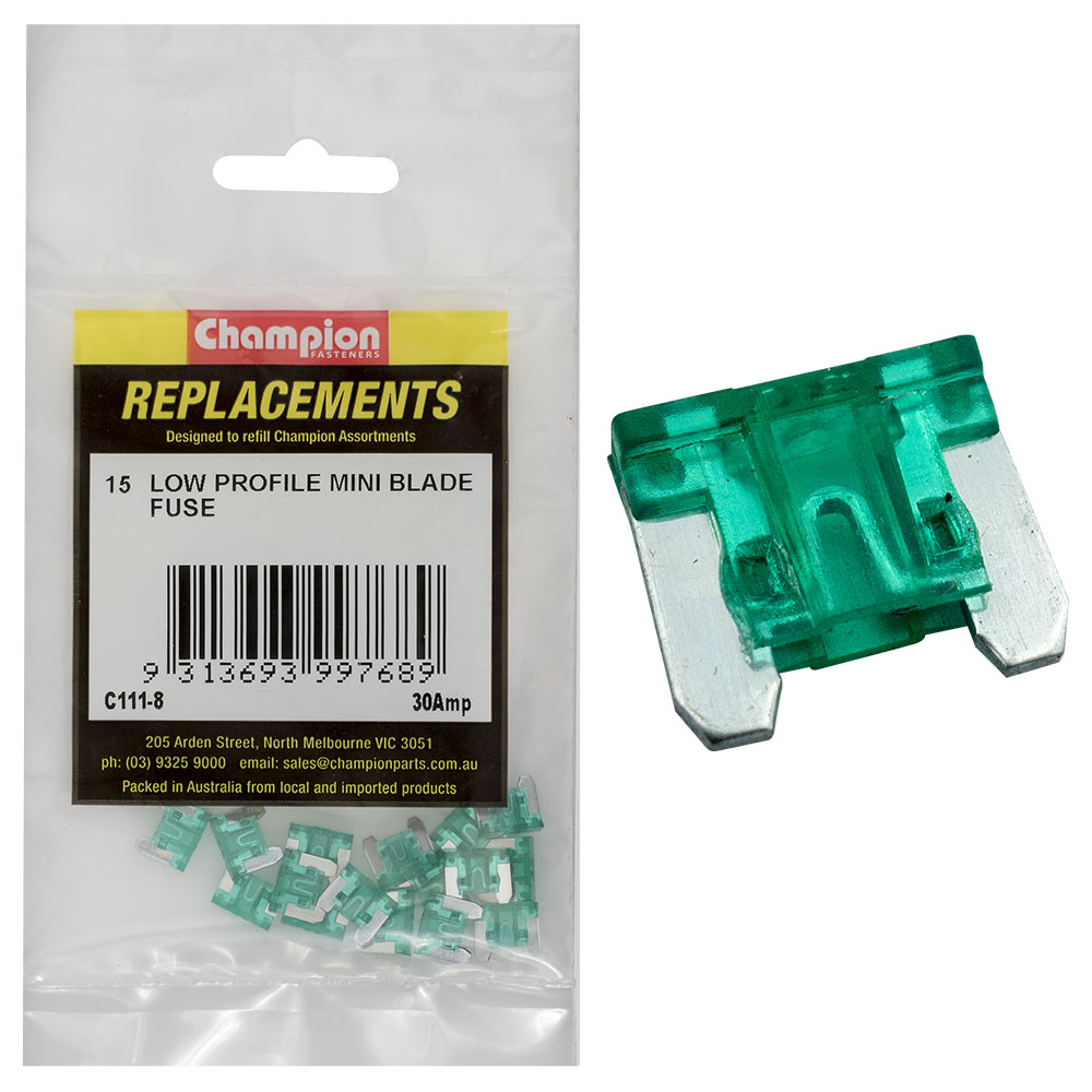 Champion 30Amp Low Profile Mini Blade Fuse (Green) -15Pk