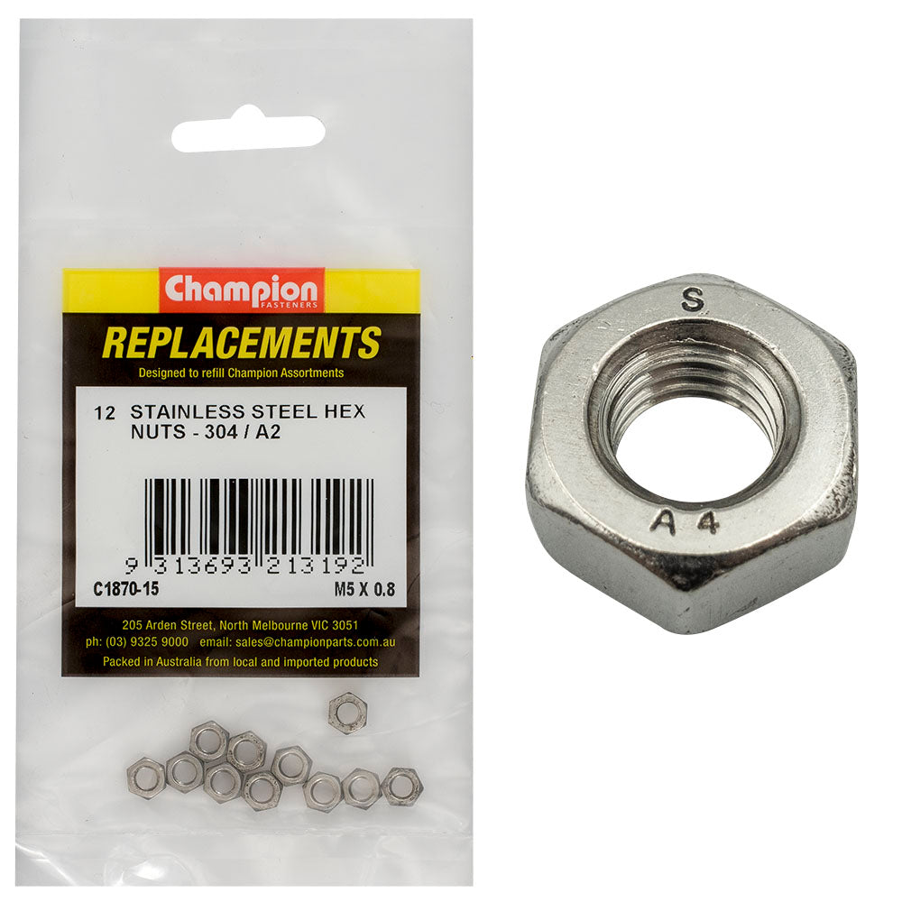 Champion M5 X 0.8 Stainless Hex Nut 304/A2 -12Pk