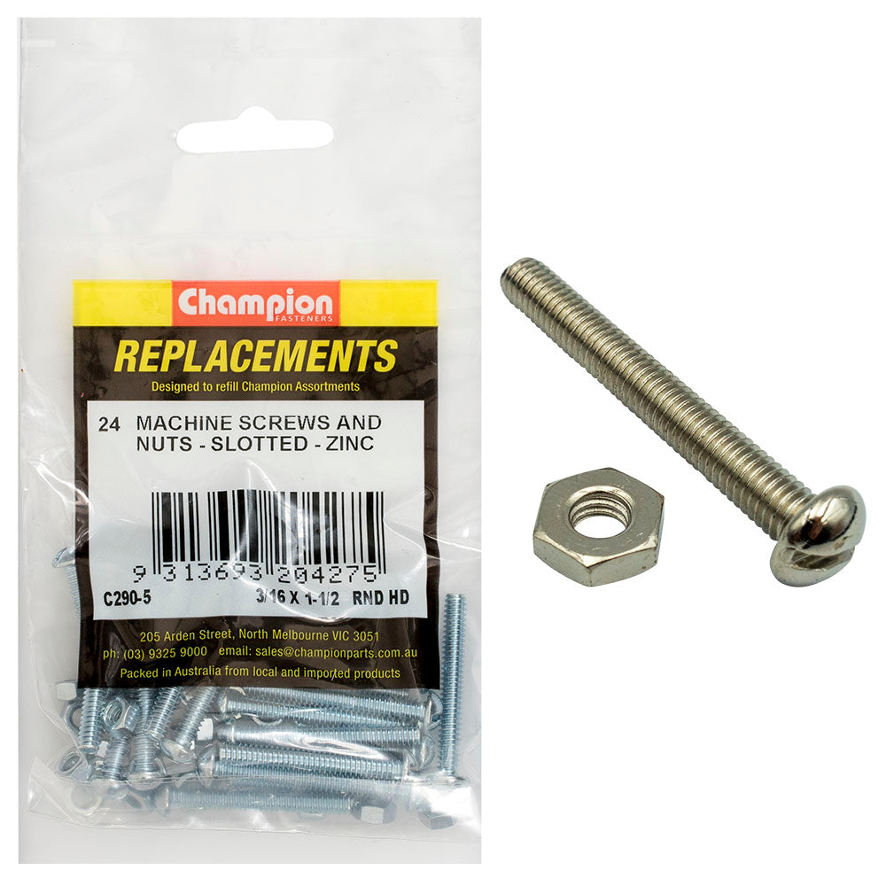 Champion 3/16 X 1-1/2In Bsw Rnd Hd Machine Screw & Nut -24Pk