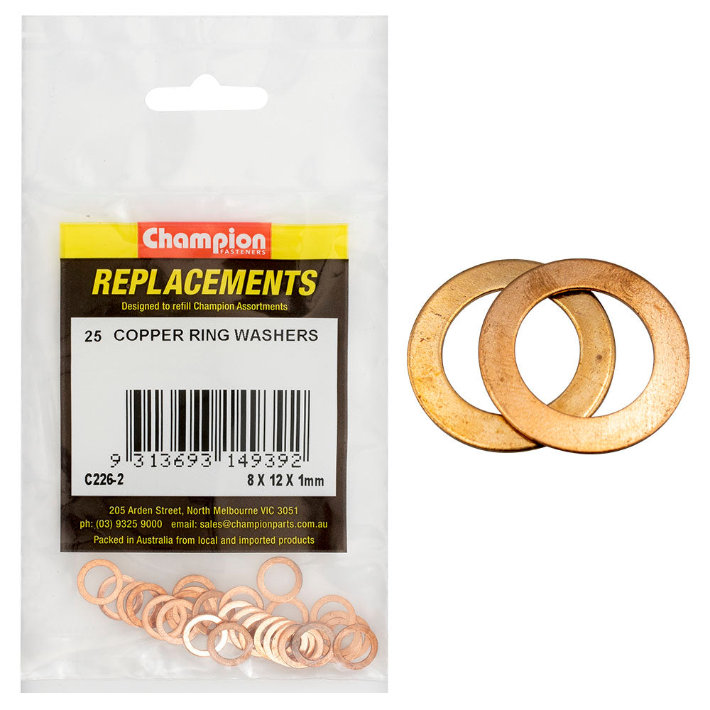 Champion M8 X 12Mm X 1.00Mm Copper Ring Washer -25Pk